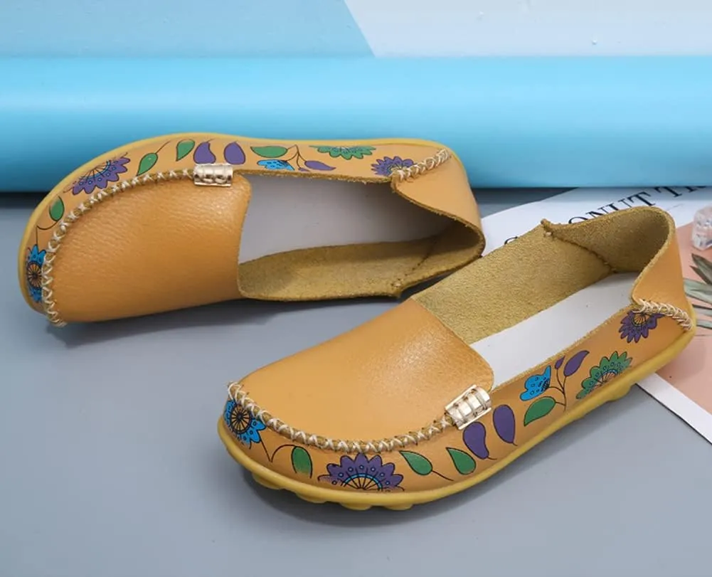 FolHaoth Women's Comfortable Leather Loafers Floral Print Slip On Moccasins Flats Casual Shoes for Women Round Toe Walking Nurse Breathable Driving Fashion Soft Shoes