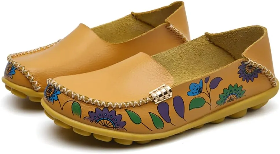 FolHaoth Women's Comfortable Leather Loafers Floral Print Slip On Moccasins Flats Casual Shoes for Women Round Toe Walking Nurse Breathable Driving Fashion Soft Shoes