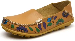 FolHaoth Women's Comfortable Leather Loafers Floral Print Slip On Moccasins Flats Casual Shoes for Women Round Toe Walking Nurse Breathable Driving Fashion Soft Shoes