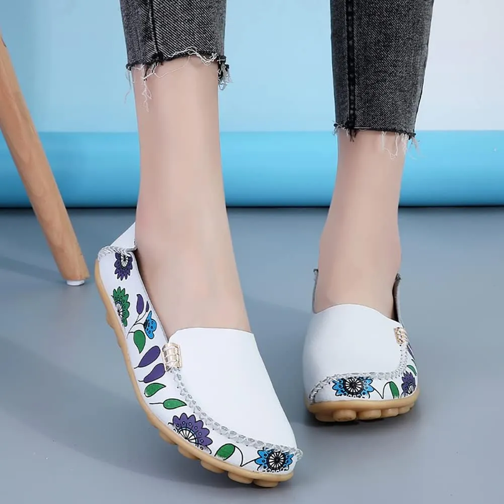 FolHaoth Women's Comfortable Leather Loafers Floral Print Slip On Moccasins Flats Casual Shoes for Women Round Toe Walking Nurse Breathable Driving Fashion Soft Shoes