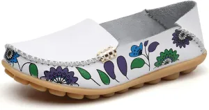 FolHaoth Women's Comfortable Leather Loafers Floral Print Slip On Moccasins Flats Casual Shoes for Women Round Toe Walking Nurse Breathable Driving Fashion Soft Shoes