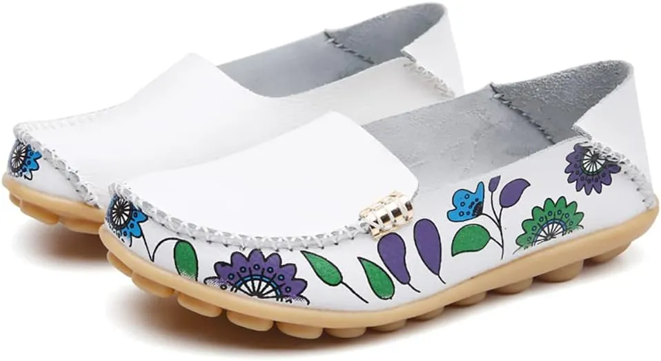 FolHaoth Women's Comfortable Leather Loafers Floral Print Slip On Moccasins Flats Casual Shoes for Women Round Toe Walking Nurse Breathable Driving Fashion Soft Shoes
