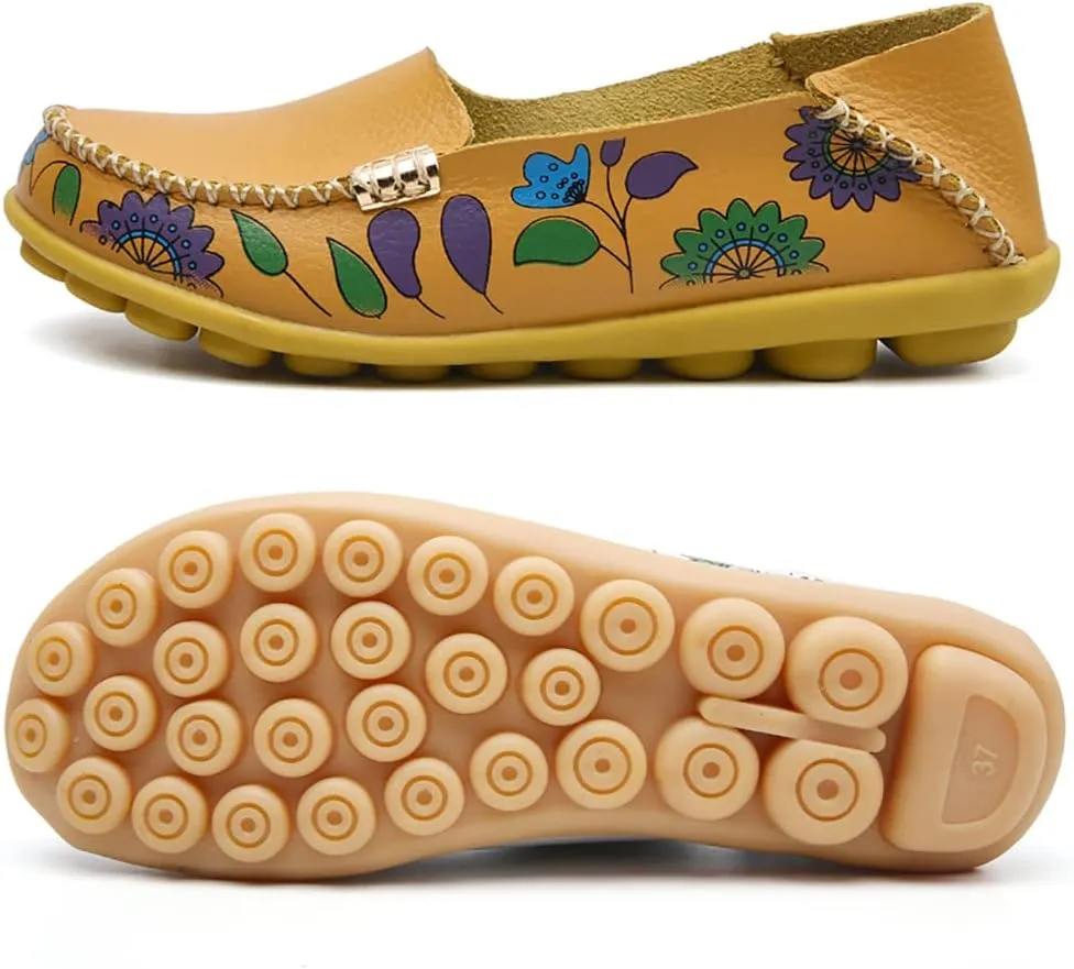 FolHaoth Women's Comfortable Leather Loafers Floral Print Slip On Moccasins Flats Casual Shoes for Women Round Toe Walking Nurse Breathable Driving Fashion Soft Shoes