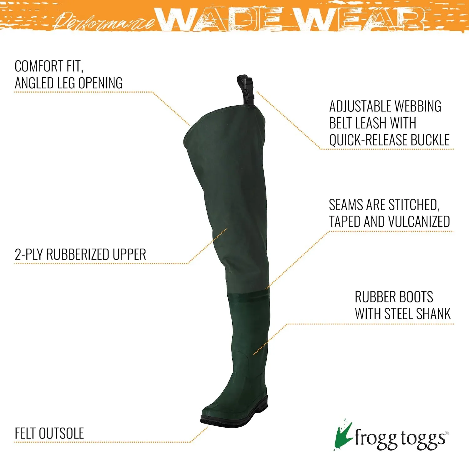 FROGG TOGGS Cascades 2-ply Poly/Rubber Waterproof Fishing Bootfoot Hip Wader for Fishing, Cleated or Felt