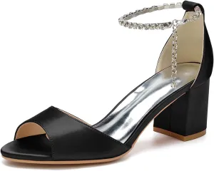 FufoneUS Women's Chunky Heels Metallic Glitter Chain Strap High Heel Peep Toe Wedding Sandals,Black,8