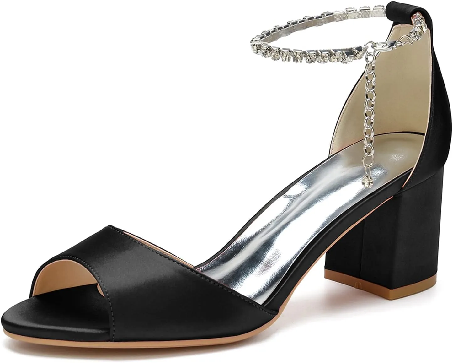 FufoneUS Women's Chunky Heels Metallic Glitter Chain Strap High Heel Peep Toe Wedding Sandals,Black,8