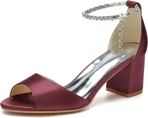 FufoneUS Women's Chunky Heels Metallic Glitter Chain Strap High Heel Peep Toe Wedding Sandals,Burgundy,8