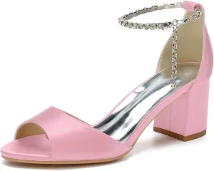 FufoneUS Women's Chunky Heels Metallic Glitter Chain Strap High Heel Peep Toe Wedding Sandals,Pink,8