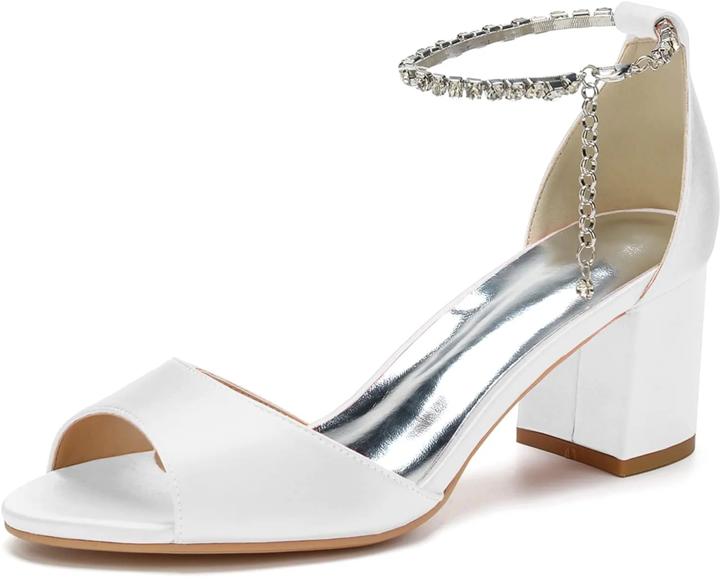 FufoneUS Women's Chunky Heels Metallic Glitter Chain Strap High Heel Peep Toe Wedding Sandals,White,9