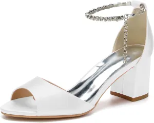 FufoneUS Women's Chunky Heels Metallic Glitter Chain Strap High Heel Peep Toe Wedding Sandals,White,9