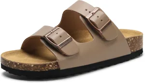 Genuine Leather Cork Footbed Sandals with Arch Support Women Men's Flat Slip Slippers with Adjustable Double Buckle Beach Sandal Memory Foam Slides Open Toe Slipper for Summer Vacation
