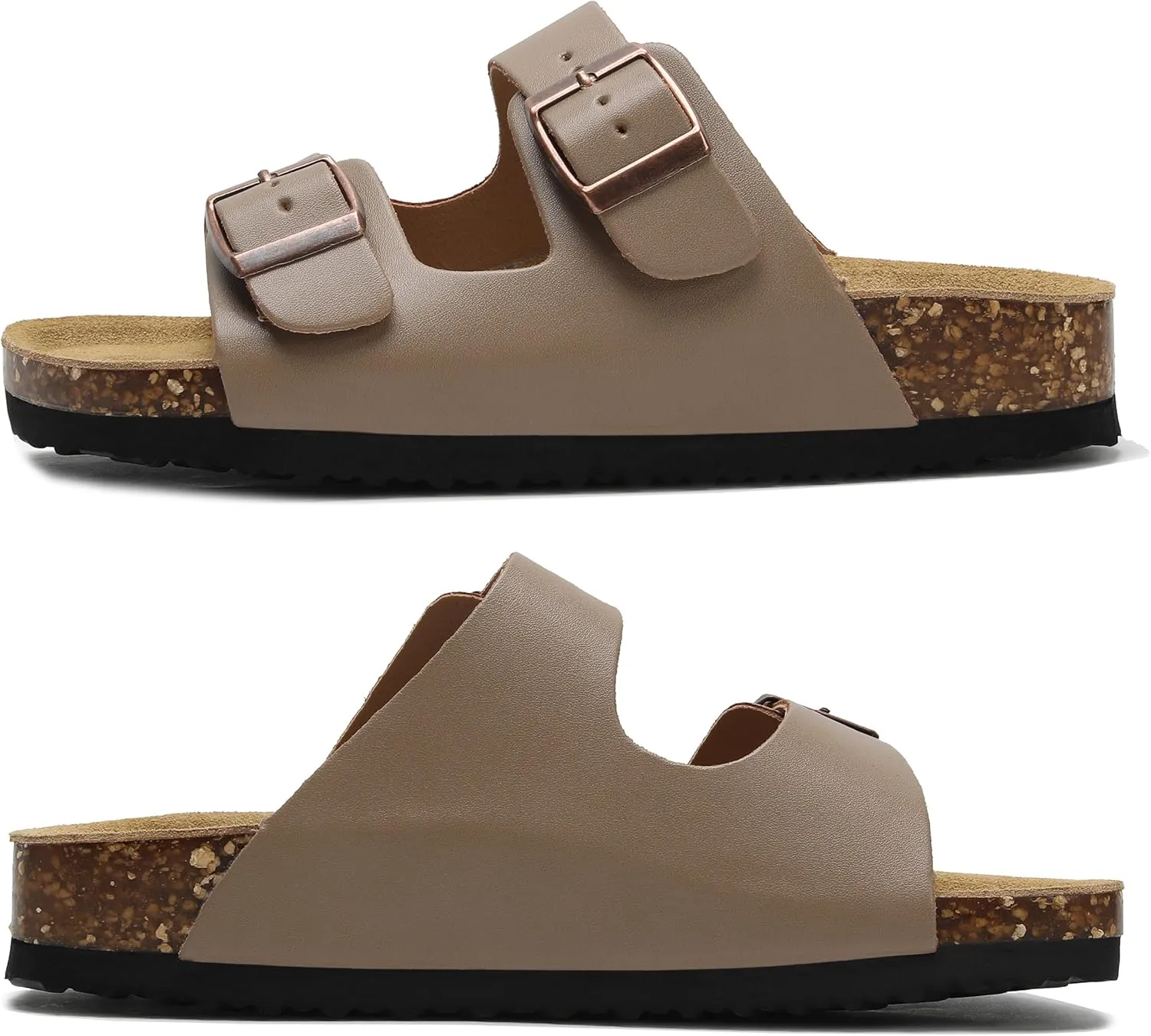 Genuine Leather Cork Footbed Sandals with Arch Support Women Men's Flat Slip Slippers with Adjustable Double Buckle Beach Sandal Memory Foam Slides Open Toe Slipper for Summer Vacation
