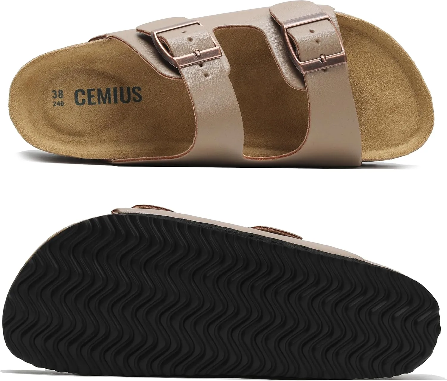 Genuine Leather Cork Footbed Sandals with Arch Support Women Men's Flat Slip Slippers with Adjustable Double Buckle Beach Sandal Memory Foam Slides Open Toe Slipper for Summer Vacation