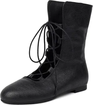 Gicoiz Women Lace Up Comfort Round Toe Vinatge Flats Moccasin Boots