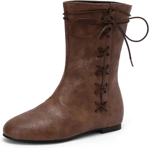 Gicoiz Women Lace Up Comfort Round Toe Vinatge Flats Moccasin Boots
