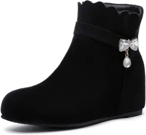 Gicoiz Women Round Toe Comfort Wedge Moccasin Ankle Boots Bows