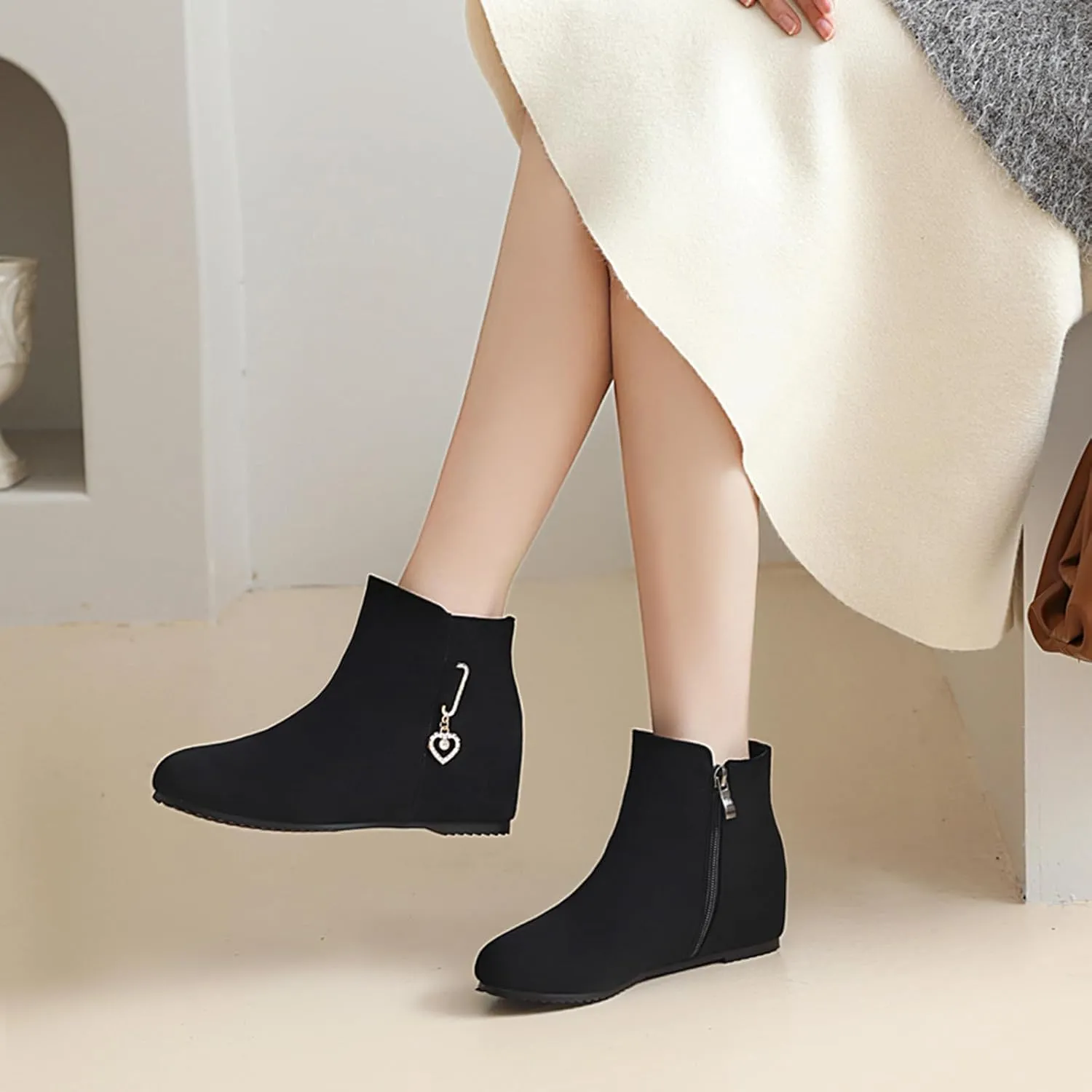 Gicoiz Women Round Toe Comfort Wedge Moccasin Ankle Boots Bows