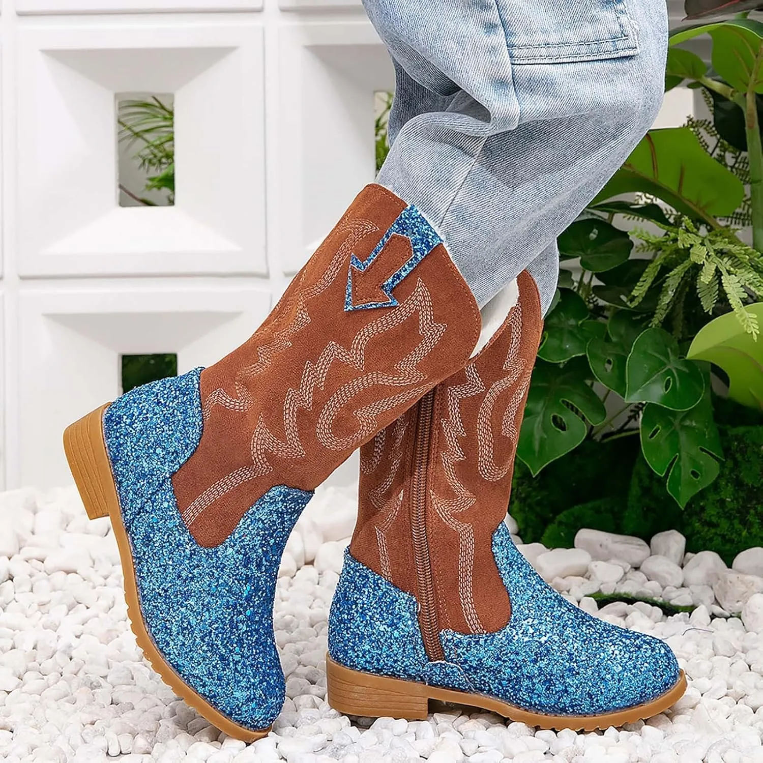 Girls Cowgirl Boots Kids Mid Calf Boots Glitter Cowboy Boots Side Zipper Riding Shoes Party Birthday Dance Shoes