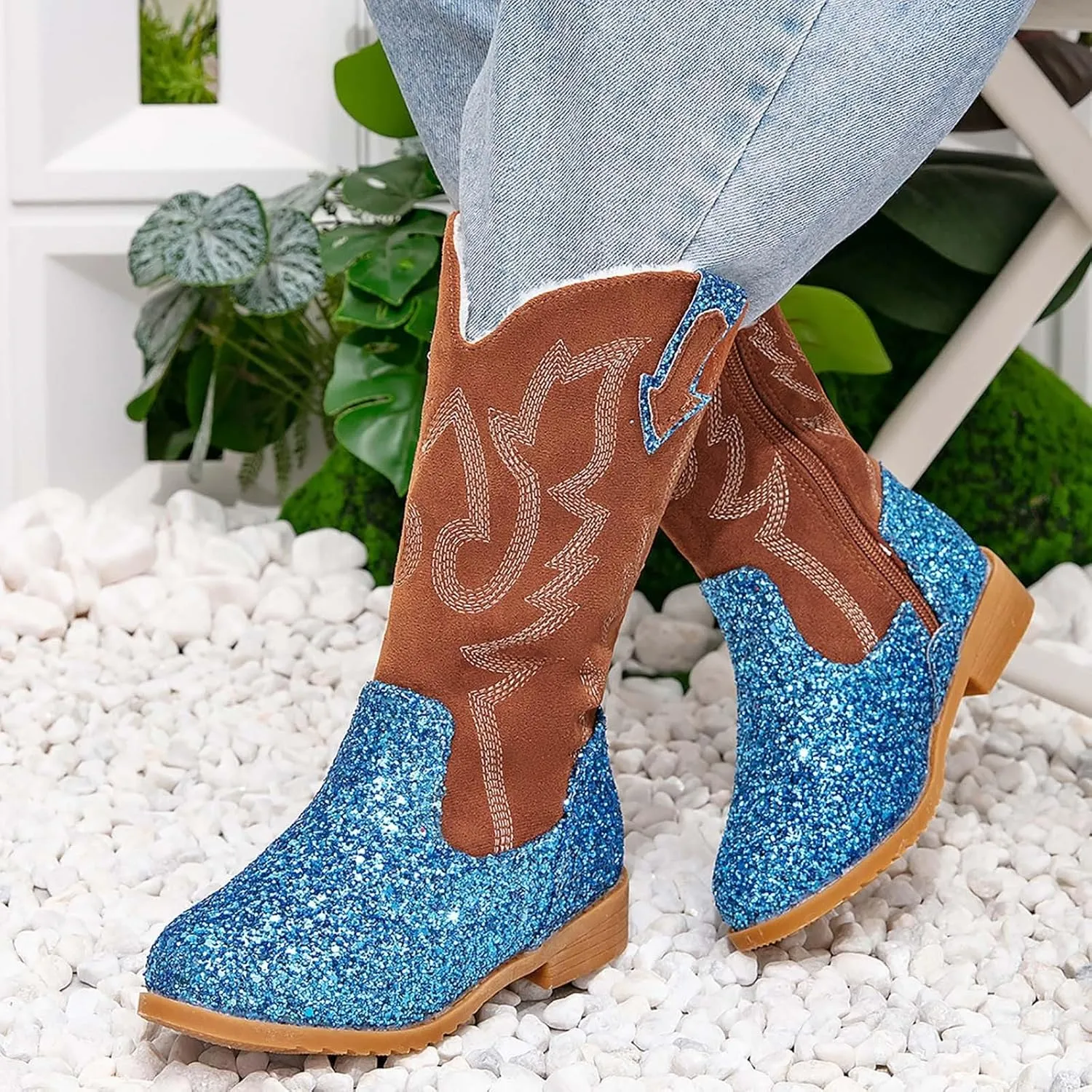 Girls Cowgirl Boots Kids Mid Calf Boots Glitter Cowboy Boots Side Zipper Riding Shoes Party Birthday Dance Shoes