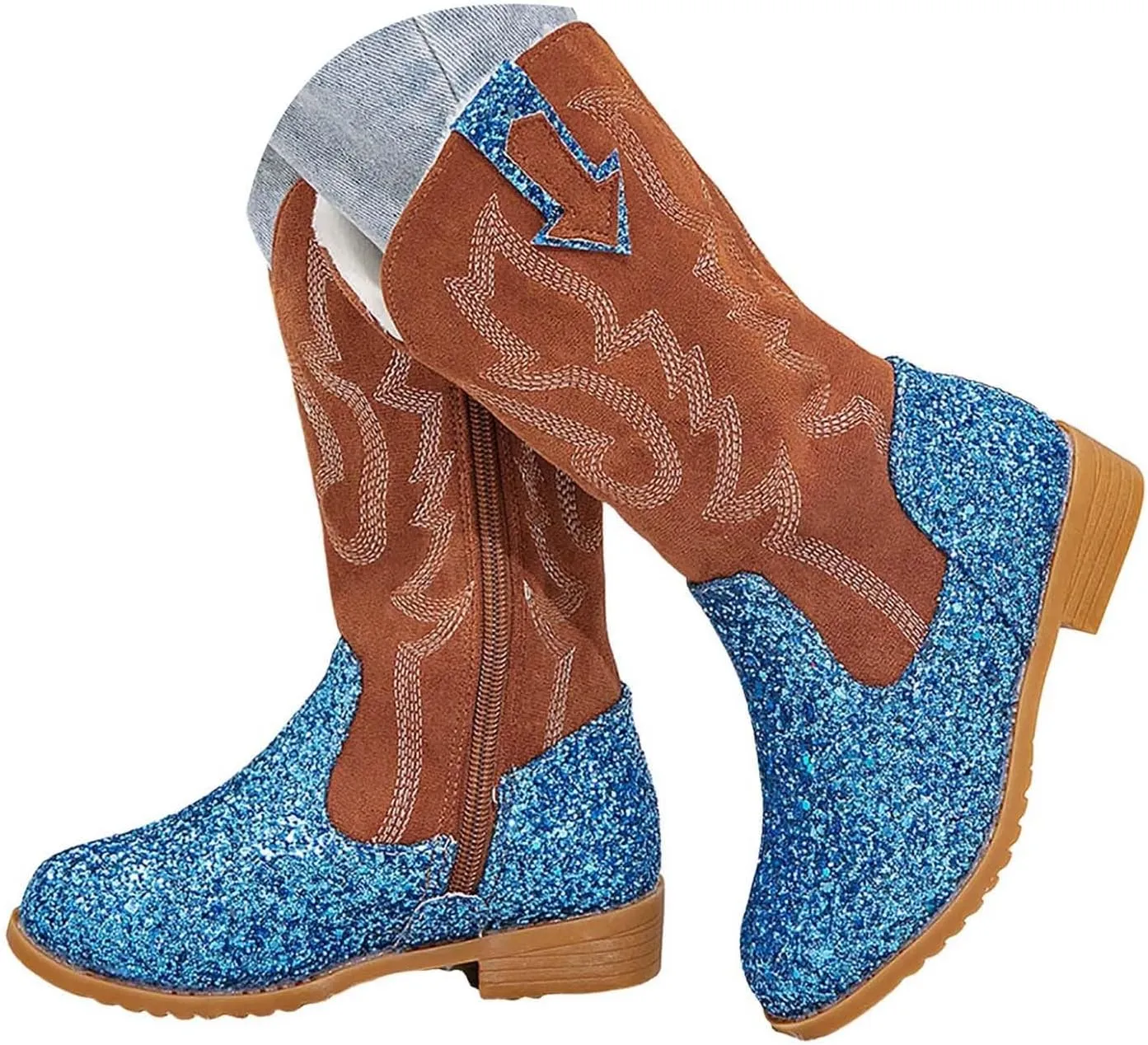 Girls Cowgirl Boots Kids Mid Calf Boots Glitter Cowboy Boots Side Zipper Riding Shoes Party Birthday Dance Shoes