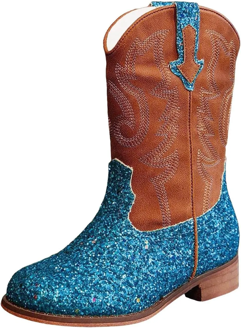 Girls Cowgirl Boots Kids Mid Calf Boots Glitter Cowboy Boots Side Zipper Riding Shoes Party Birthday Dance Shoes