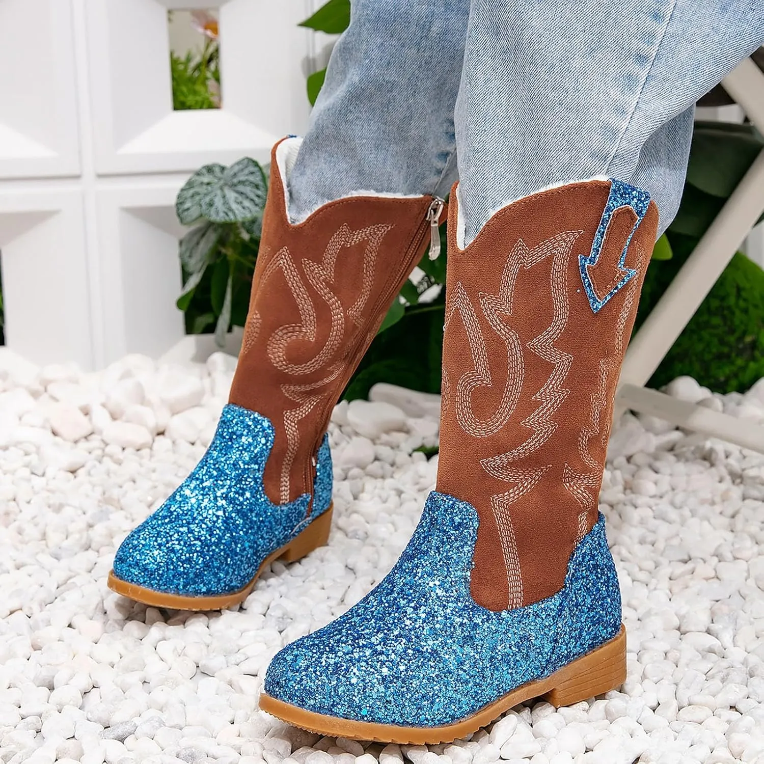 Girls Cowgirl Boots Kids Mid Calf Boots Glitter Cowboy Boots Side Zipper Riding Shoes Party Birthday Dance Shoes