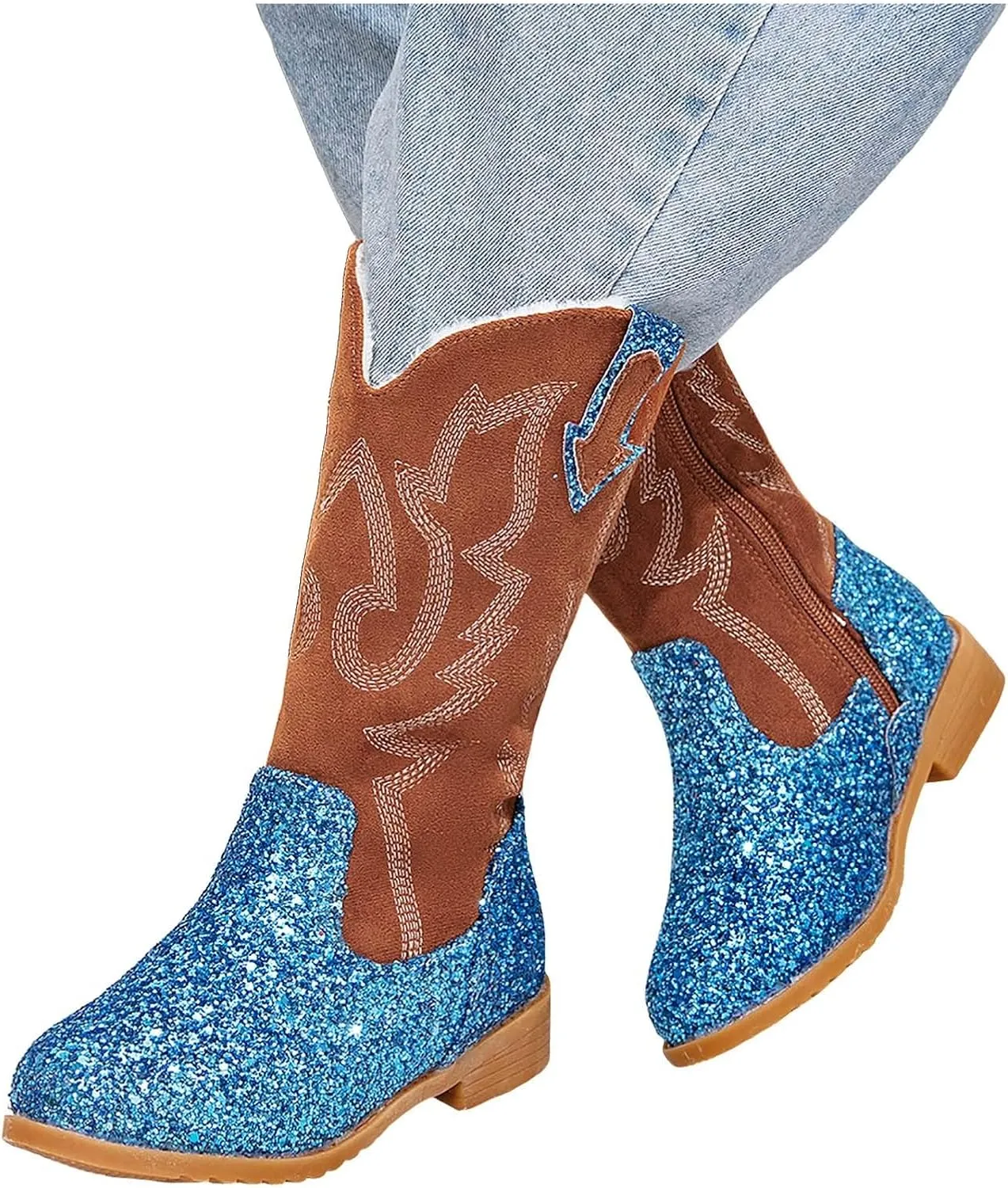 Girls Cowgirl Boots Kids Mid Calf Boots Glitter Cowboy Boots Side Zipper Riding Shoes Party Birthday Dance Shoes