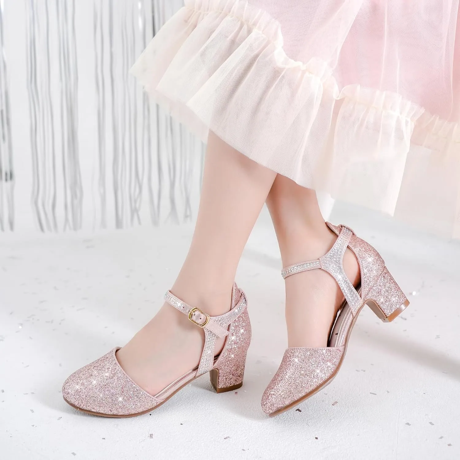 Girls Dress Shoes Closed Toe Chunky High Heels Ankle Strap Wedding Party Pump Shoes