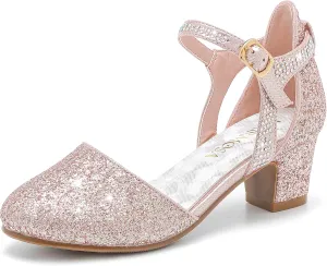 Girls Dress Shoes Closed Toe Chunky High Heels Ankle Strap Wedding Party Pump Shoes