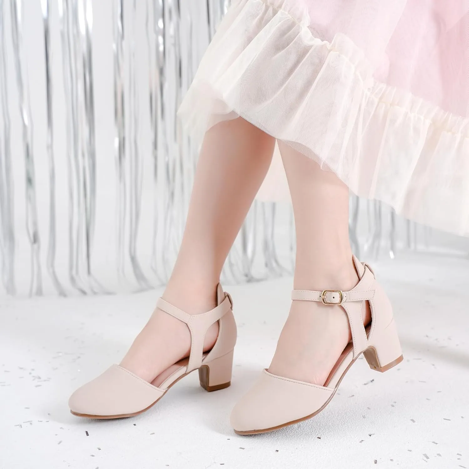 Girls Dress Shoes Closed Toe Chunky High Heels Ankle Strap Wedding Party Pump Shoes