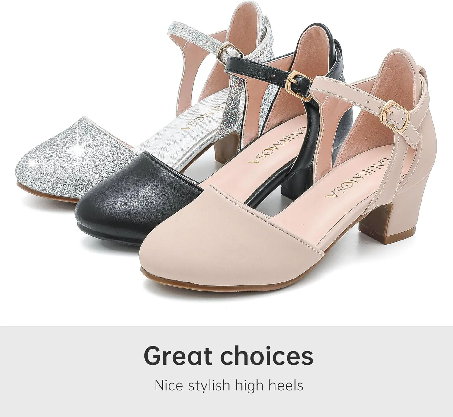 Girls Dress Shoes Closed Toe Chunky High Heels Ankle Strap Wedding Party Pump Shoes
