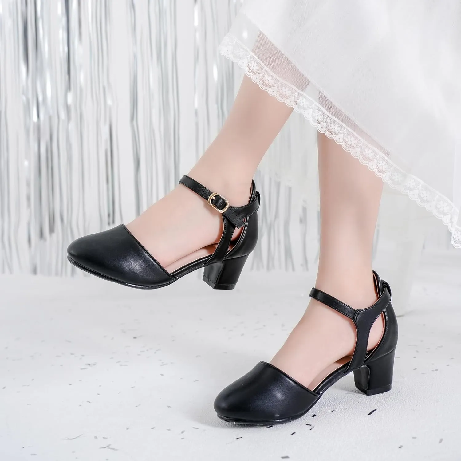 Girls Dress Shoes Closed Toe Chunky High Heels Ankle Strap Wedding Party Pump Shoes