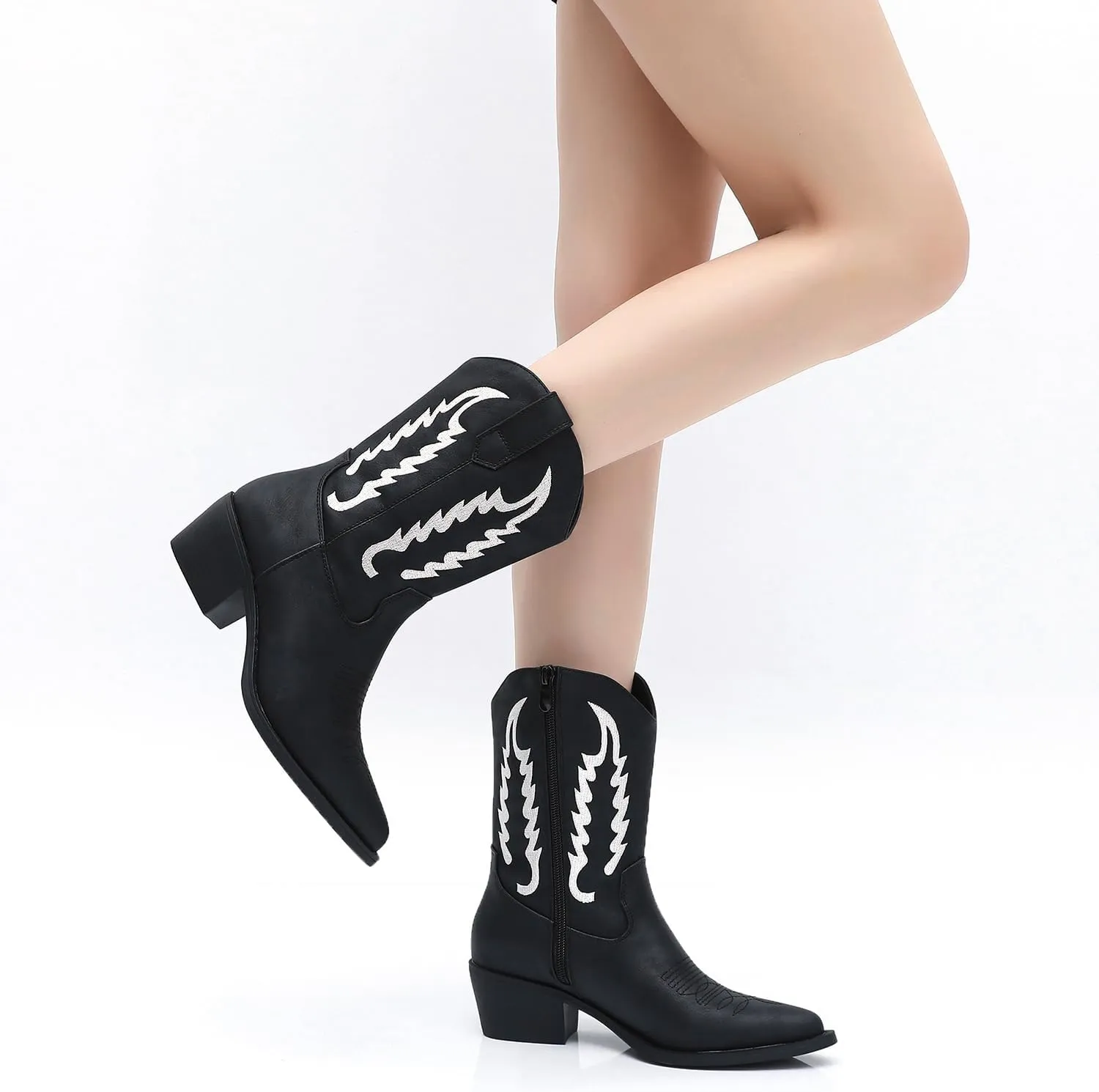 GLOBALWIN Women's Cowgirl Boots Mid Calf Western Cowboy Boots For Women Comfortable Low Heel With Zipper