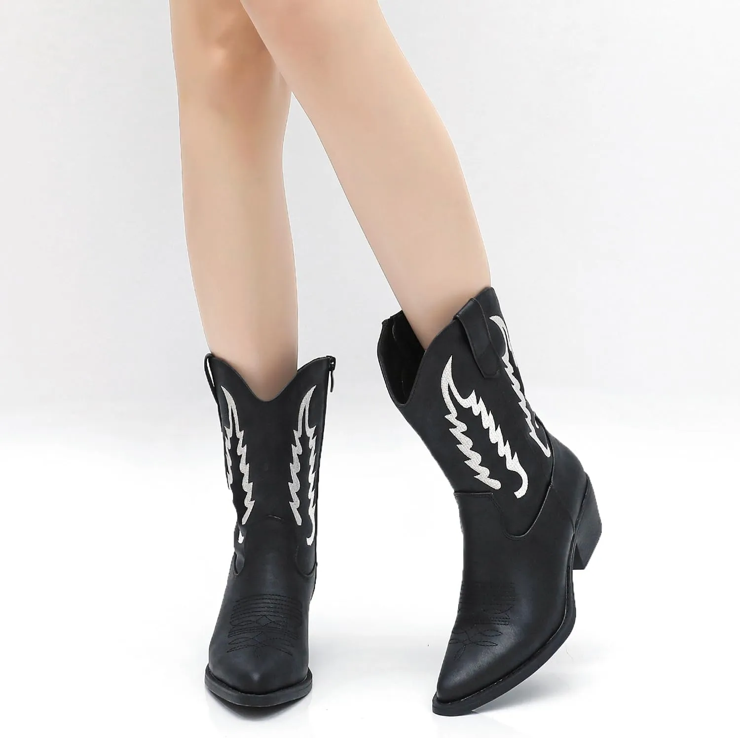 GLOBALWIN Women's Cowgirl Boots Mid Calf Western Cowboy Boots For Women Comfortable Low Heel With Zipper