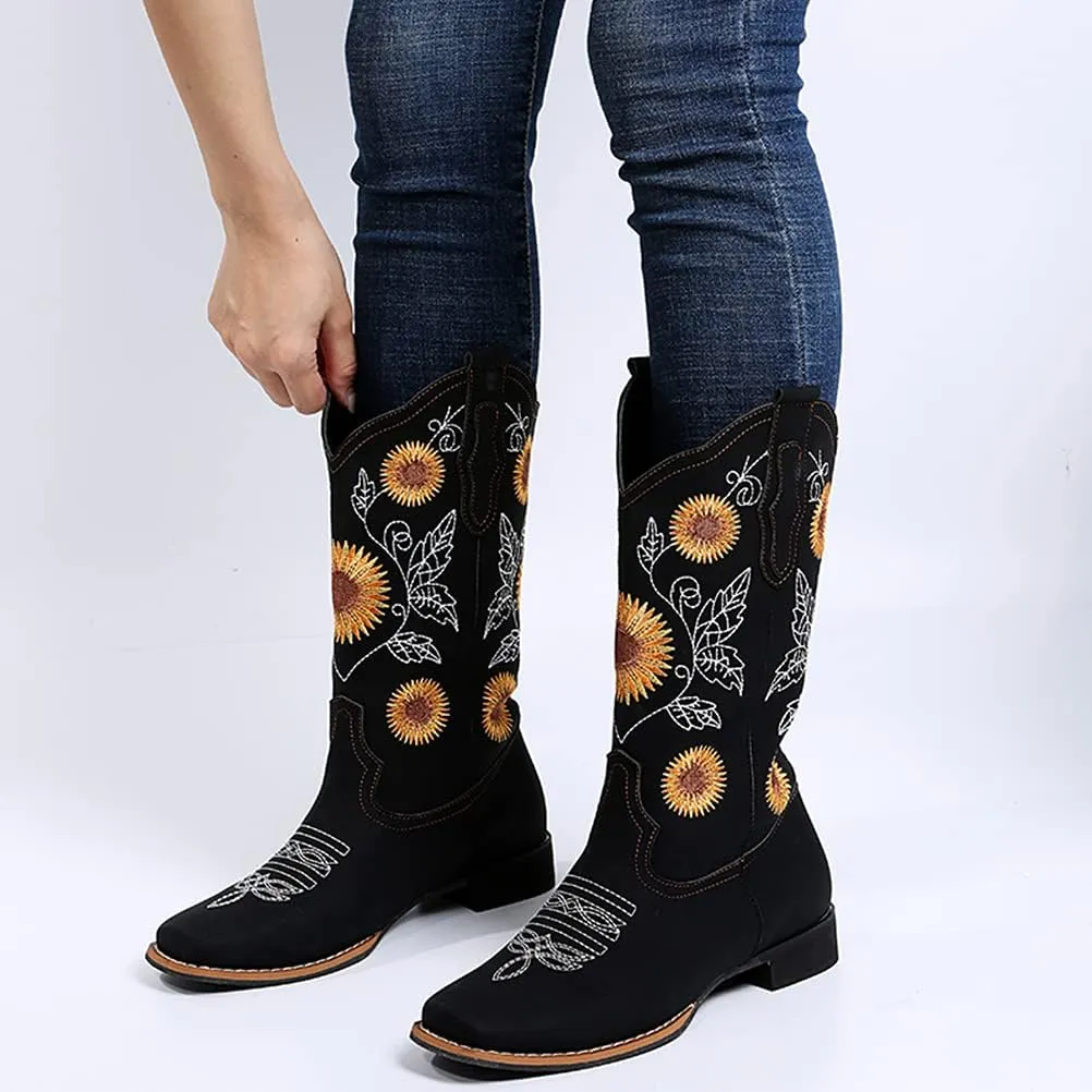 gloryinterest Cowboy Boots for Women Mid Calf Cowgirl Western Boots Sunflower Embroidery Stitched Square Toe Low Heel Black Brown Yellow US6-10.5