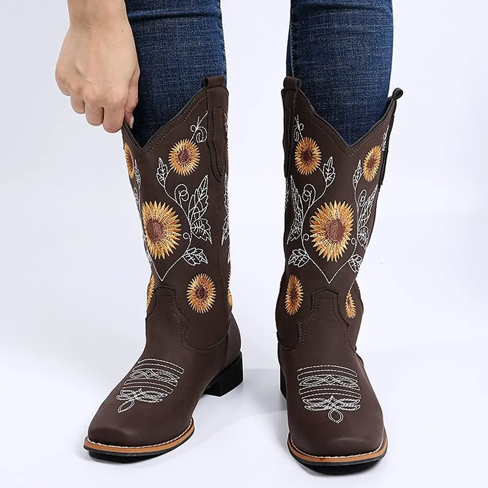 gloryinterest Cowboy Boots for Women Mid Calf Cowgirl Western Boots Sunflower Embroidery Stitched Square Toe Low Heel Black Brown Yellow US6-10.5