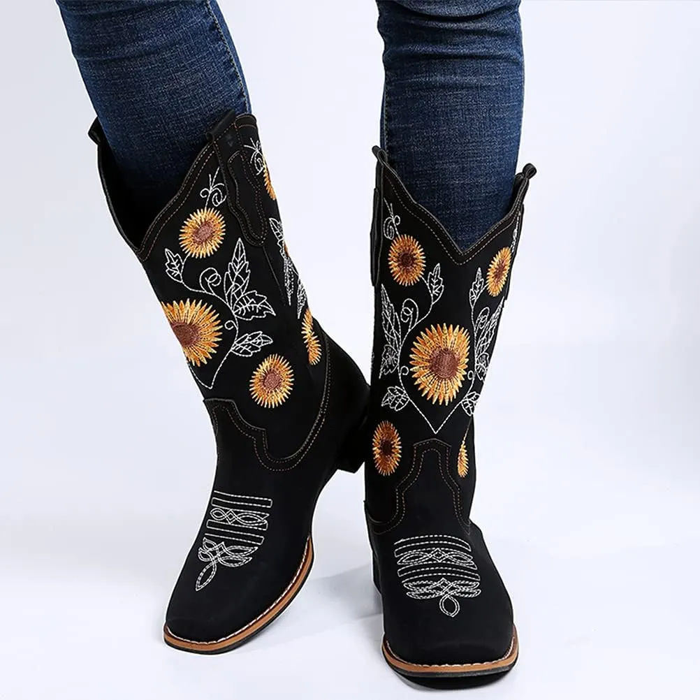 gloryinterest Cowboy Boots for Women Mid Calf Cowgirl Western Boots Sunflower Embroidery Stitched Square Toe Low Heel Black Brown Yellow US6-10.5