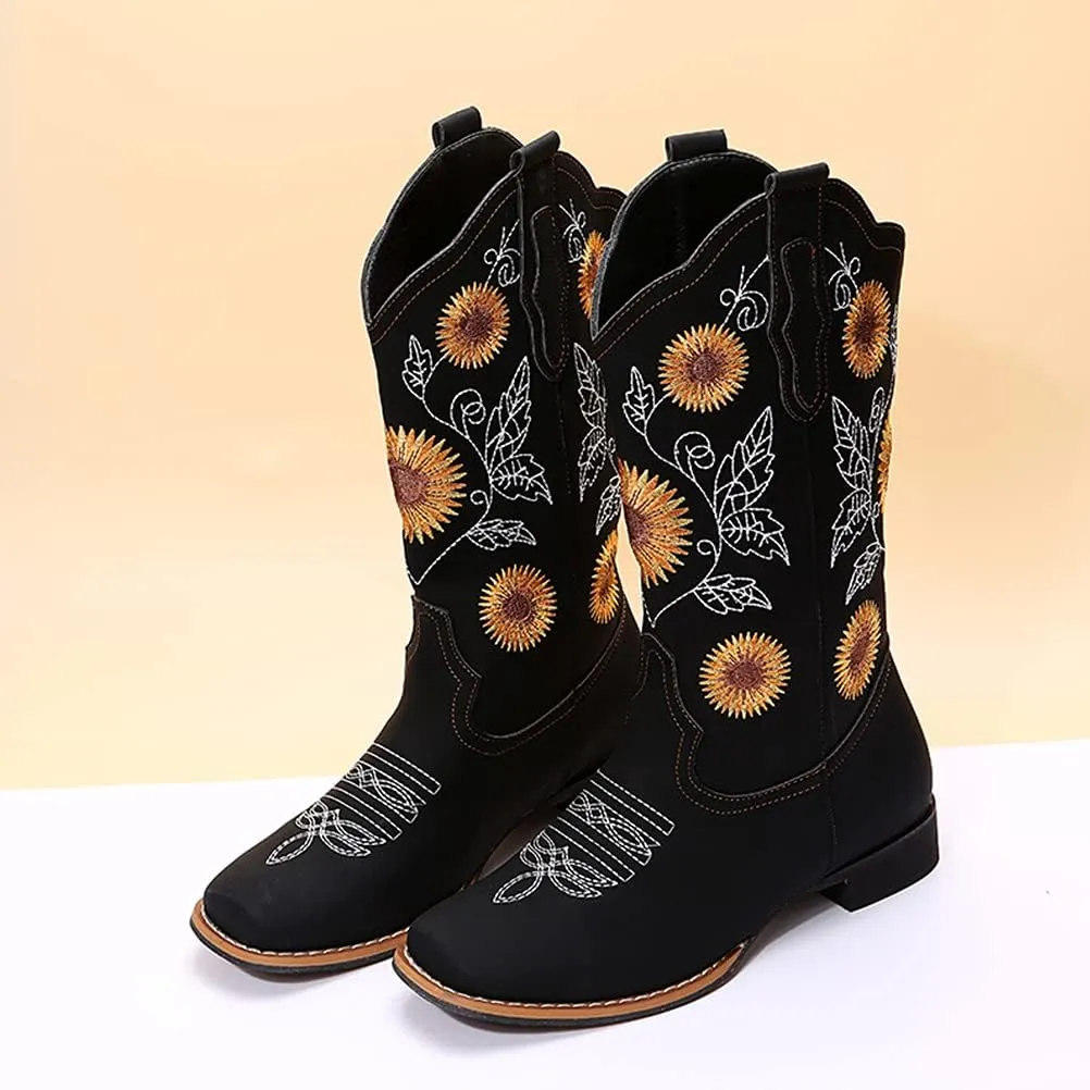 gloryinterest Cowboy Boots for Women Mid Calf Cowgirl Western Boots Sunflower Embroidery Stitched Square Toe Low Heel Black Brown Yellow US6-10.5