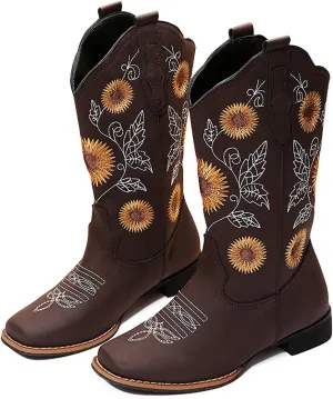 gloryinterest Cowboy Boots for Women Mid Calf Cowgirl Western Boots Sunflower Embroidery Stitched Square Toe Low Heel Black Brown Yellow US6-10.5