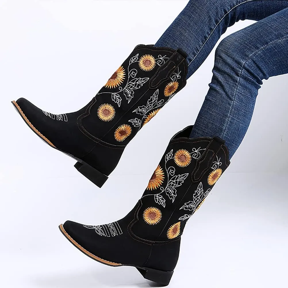 gloryinterest Cowboy Boots for Women Mid Calf Cowgirl Western Boots Sunflower Embroidery Stitched Square Toe Low Heel Black Brown Yellow US6-10.5