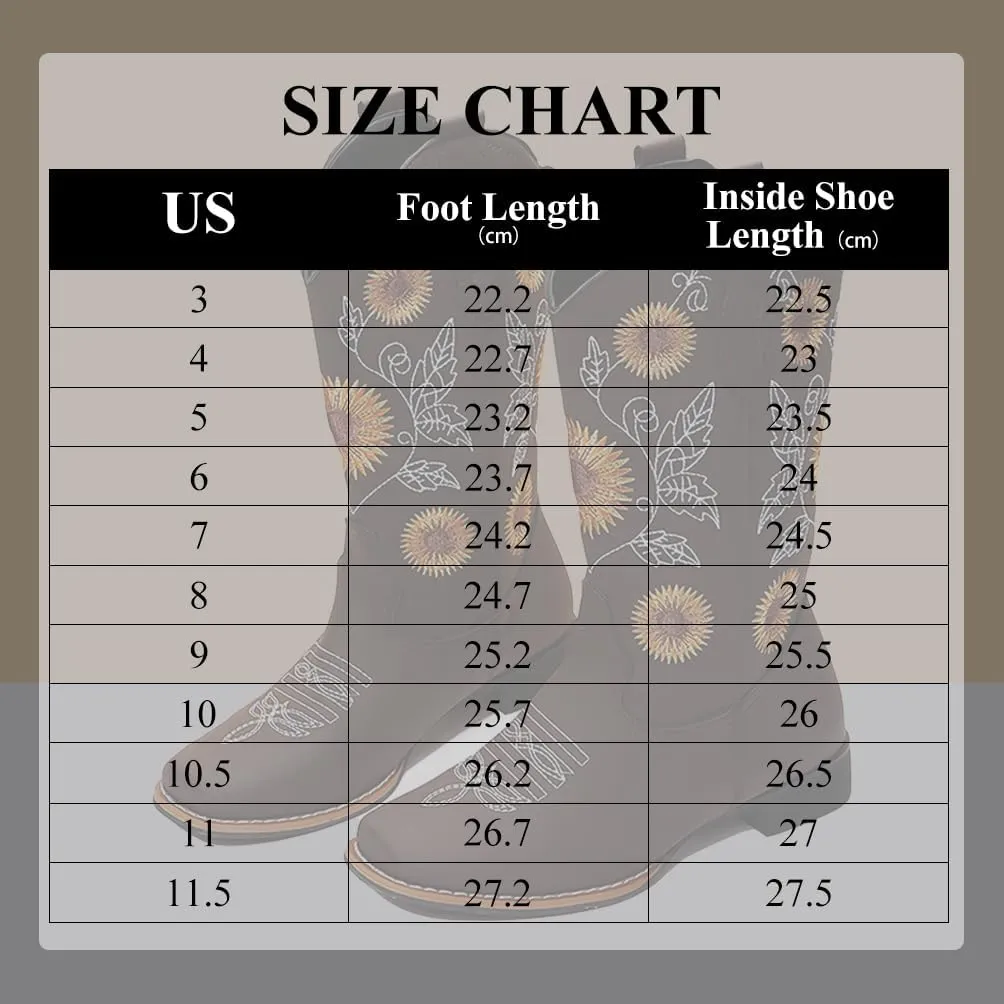 gloryinterest Cowboy Boots for Women Mid Calf Cowgirl Western Boots Sunflower Embroidery Stitched Square Toe Low Heel Black Brown Yellow US6-10.5