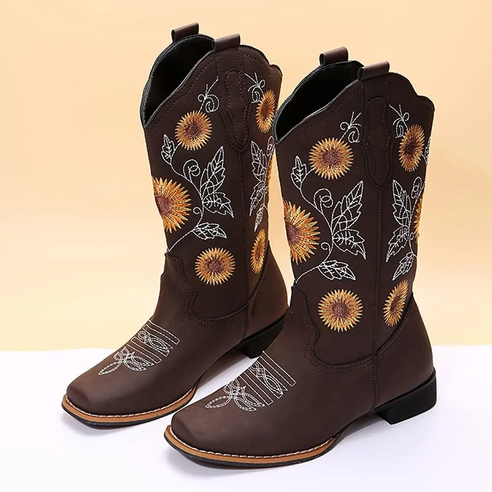 gloryinterest Cowboy Boots for Women Mid Calf Cowgirl Western Boots Sunflower Embroidery Stitched Square Toe Low Heel Black Brown Yellow US6-10.5