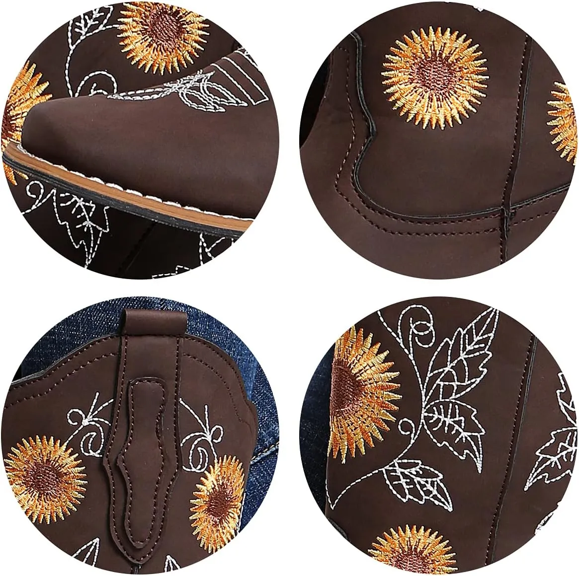 gloryinterest Cowboy Boots for Women Mid Calf Cowgirl Western Boots Sunflower Embroidery Stitched Square Toe Low Heel Black Brown Yellow US6-10.5