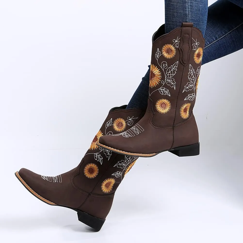 gloryinterest Cowboy Boots for Women Mid Calf Cowgirl Western Boots Sunflower Embroidery Stitched Square Toe Low Heel Black Brown Yellow US6-10.5