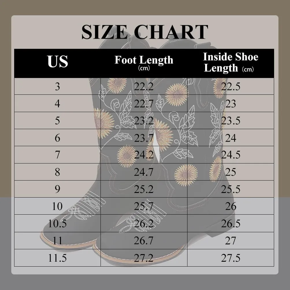 gloryinterest Cowboy Boots for Women Mid Calf Cowgirl Western Boots Sunflower Embroidery Stitched Square Toe Low Heel Black Brown Yellow US6-10.5
