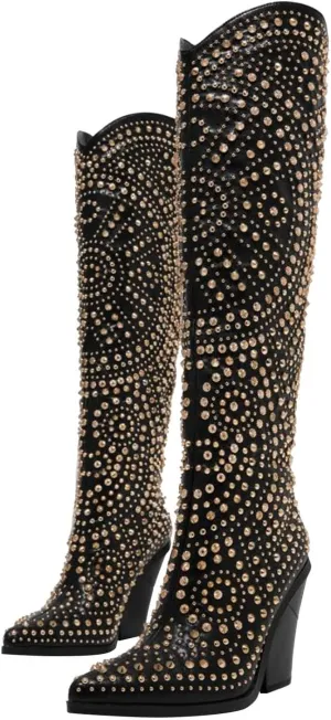 GORBINETI Womens Black Boots Pointed Toe and Chunky Heel Boots for Women Luxurious Studded Boots Tall Boots with Metallic Rivets Size US 6-11