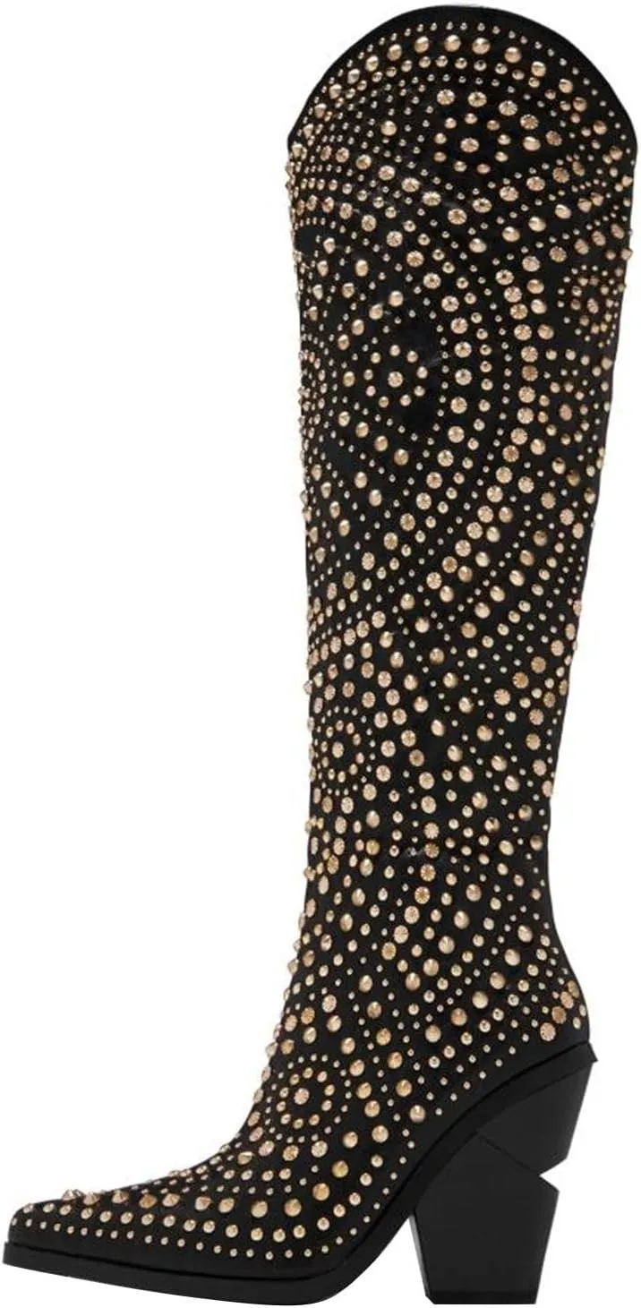GORBINETI Womens Black Boots Pointed Toe and Chunky Heel Boots for Women Luxurious Studded Boots Tall Boots with Metallic Rivets Size US 6-11
