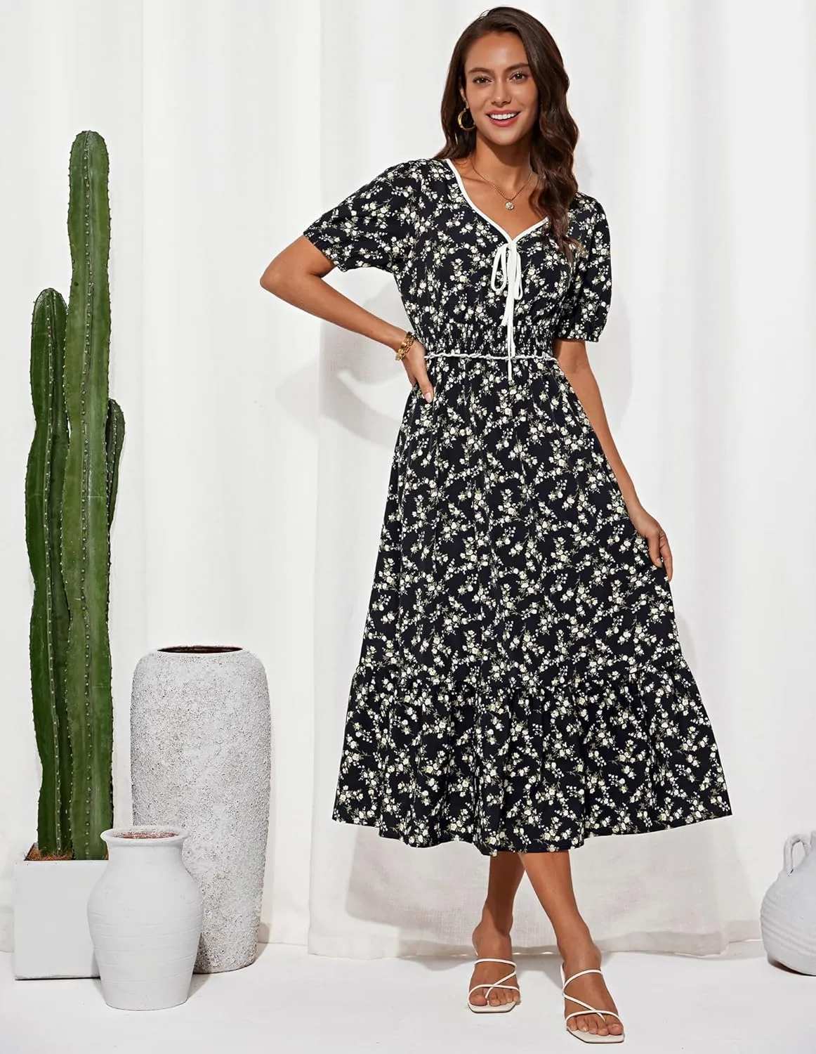 GRACE KARIN 2025 Women's Summer Floral Flowy A Line Midi Dresses Elegant Short Sleeve Smocked V-Neck Tiered Dresses