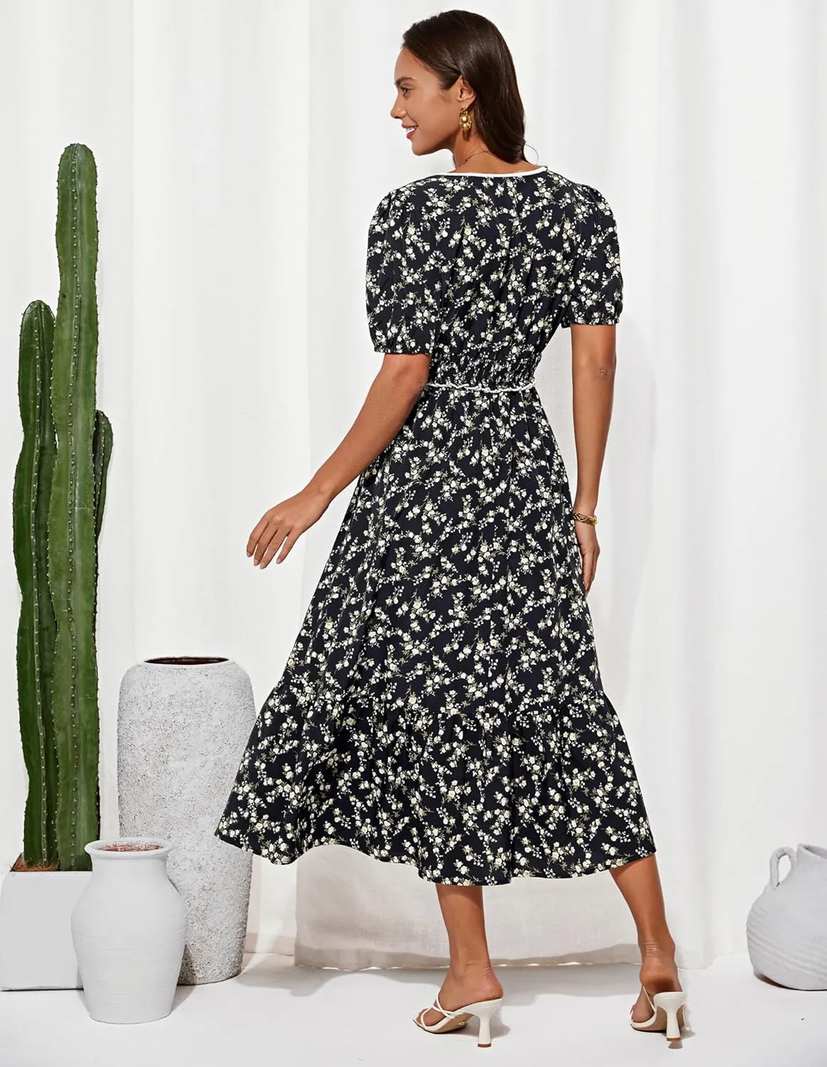 GRACE KARIN 2025 Women's Summer Floral Flowy A Line Midi Dresses Elegant Short Sleeve Smocked V-Neck Tiered Dresses