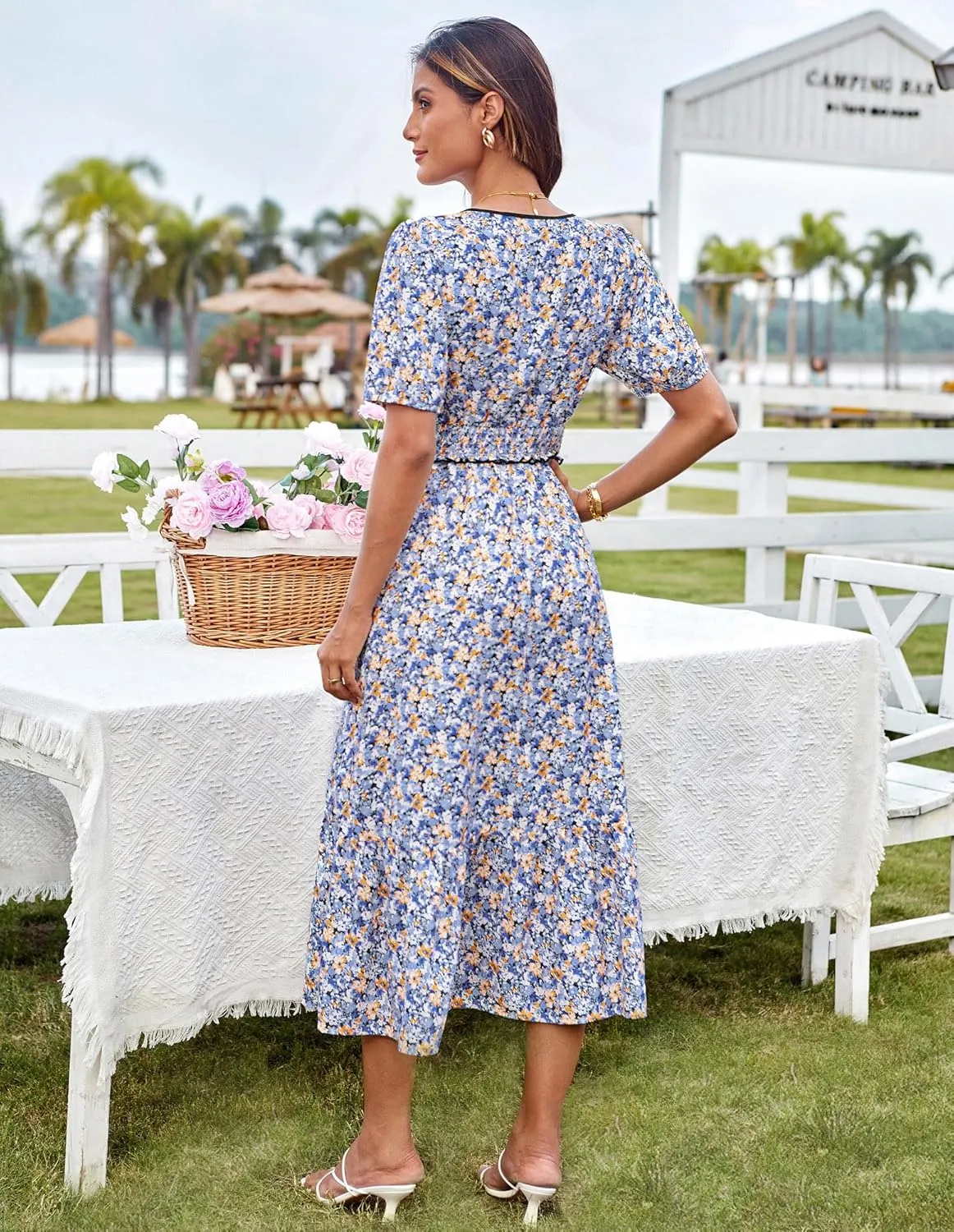 GRACE KARIN 2025 Women's Summer Floral Flowy A Line Midi Dresses Elegant Short Sleeve Smocked V-Neck Tiered Dresses